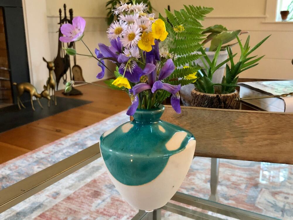 Studio Pottery Bud Vase Teal Drip Glaze Bulbous Mid Century Artist Signed